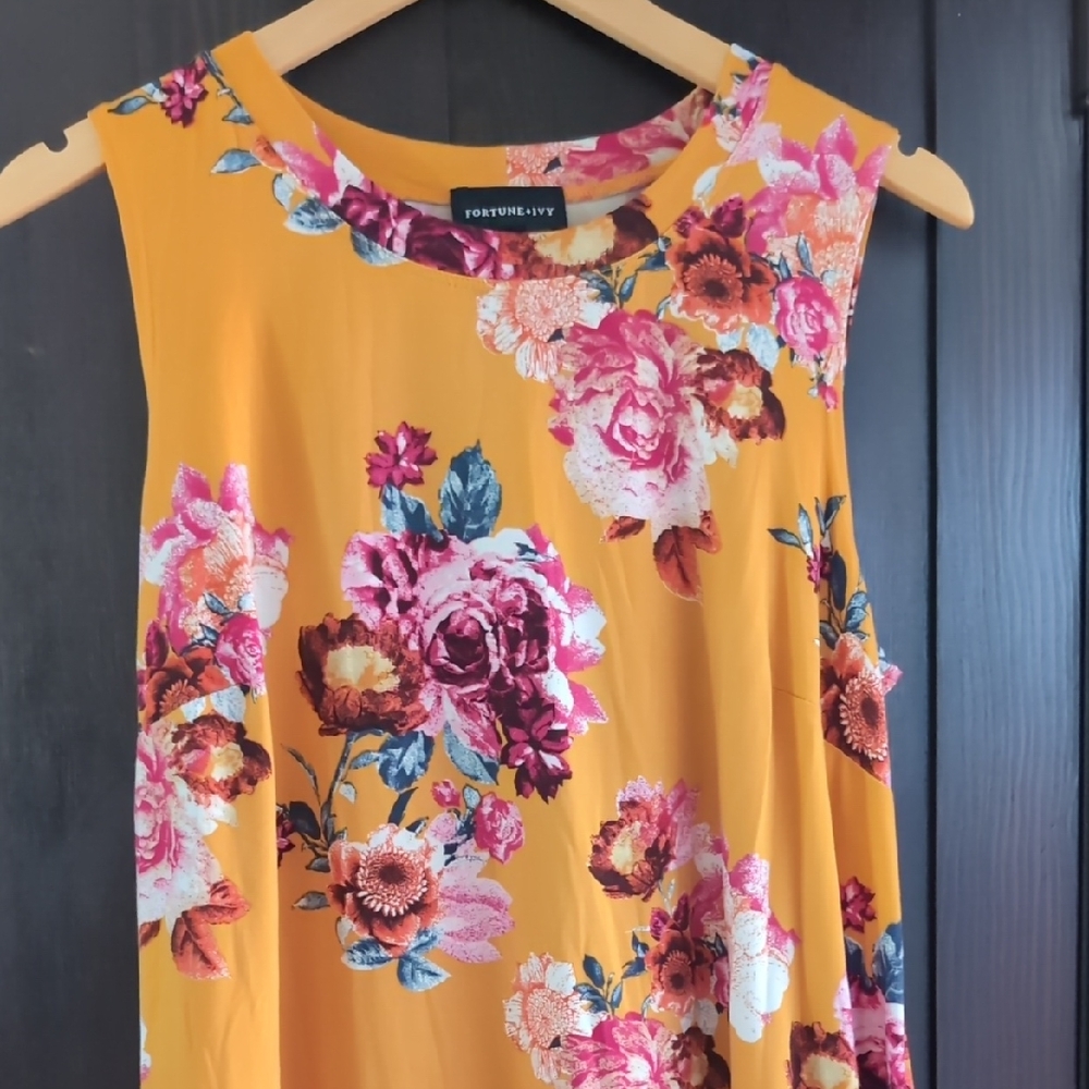 Floral Print Sleeveless Tank Top Dress - Mustard and Pink